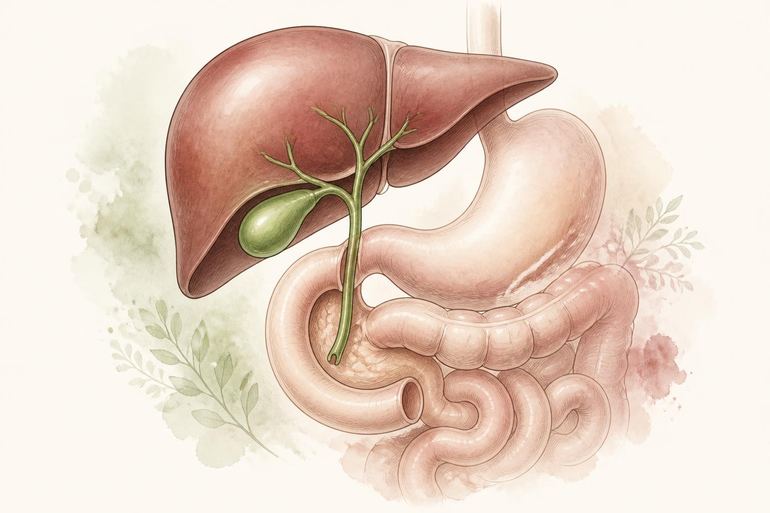 Illustrazione del rapporto tra fegato, colecisti, bile e intestino nella digestione
