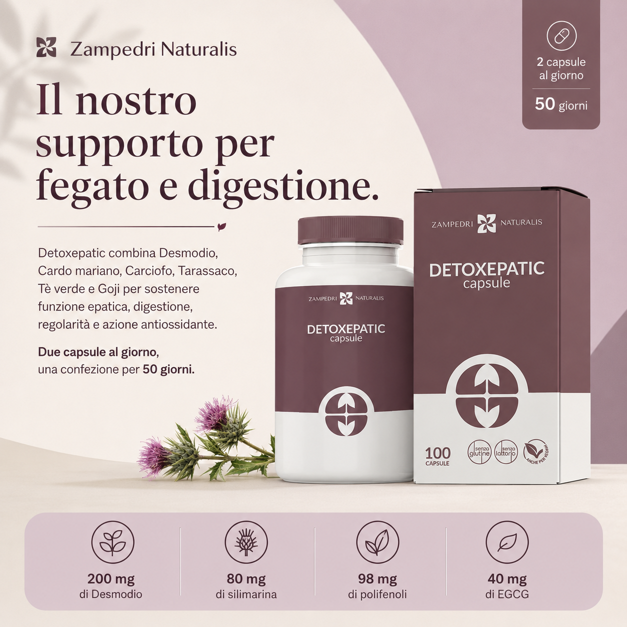 Detoxepatic — composizione: 200 mg Desmodio, 80 mg silimarina, 98 mg polifenoli, 40 mg EGCG